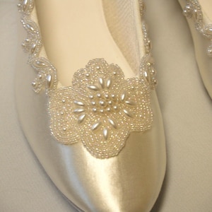 Wedding Flats Ivory Satin Elegant Beaded trims, Pearl and beads floral design, Off White, Cream colored Bridal slippers