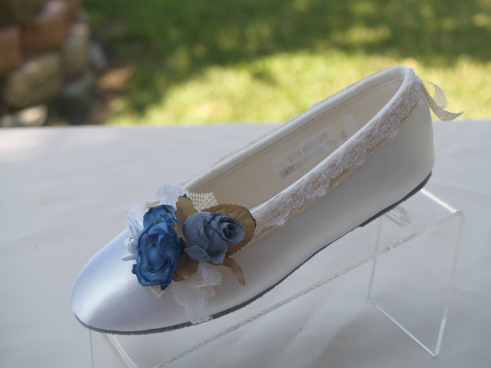 wedding flats blue flowers and burlap edging, ivory or white satin shoes, something blue wedding flats, lace up ribbon, ballet s