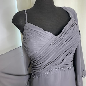 Charcoal Gray Chiffon Formal Dress Size 12 by vintage Caterina, Pleated bodice with Beadwork, Includes Jacket Set, Long Anniversary Dress