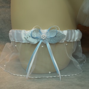 Brides White & Blue Wedding Garter 4 inches wide,Single Garter,Something Blue,Organza,Pearls, Blue Ribbon,Romantic, Old Hollywood,Burlesque