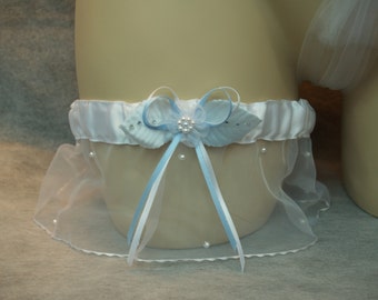 Brides White & Blue Wedding Garter 4 inches wide,Single Garter,Something Blue,Organza,Pearls, Blue Ribbon,Romantic, Old Hollywood,Burlesque