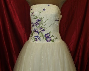 Purple Flowers Prom Vintage Dress size 10,strapless dress purple flowers beaded bodice white skirt, prom,XV dress,White Purple Wedding Dress