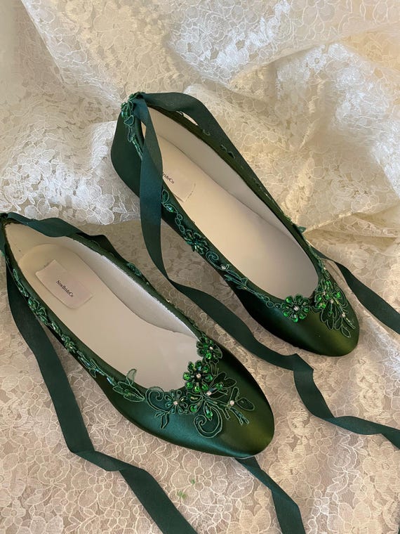 Emerald Green Wedding Ballerina Flats: Lace & Crystal Satin Shoes