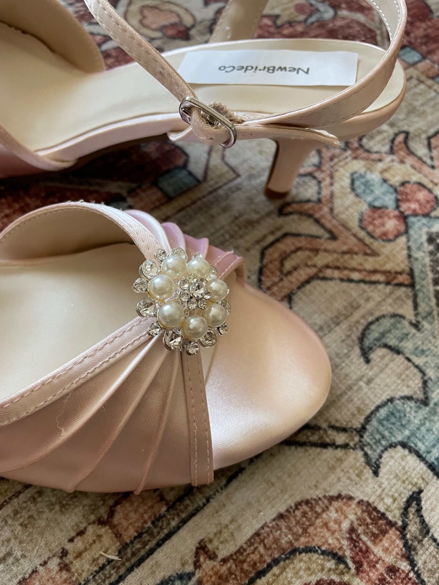 Size 12 Blush Pink Satin Low Heel Shoes: Pearl \u0026 Crystal Embellished, image size:1512x2016