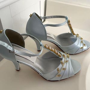 Powder Blue Heel Shoes Swarovski Crystals gold setting,Mid high heel peep toe,covered heel ankle strap, hand dyed satin, bling , satin heels