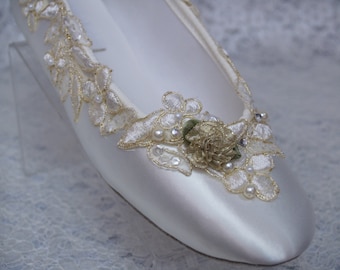 Wedding Flats Ivory Gold Shoes Satin Appliques pearls sequins crystals, Gold Bling Bride Gold Wedding Ballet flats,Satin flats Ivory & Gold