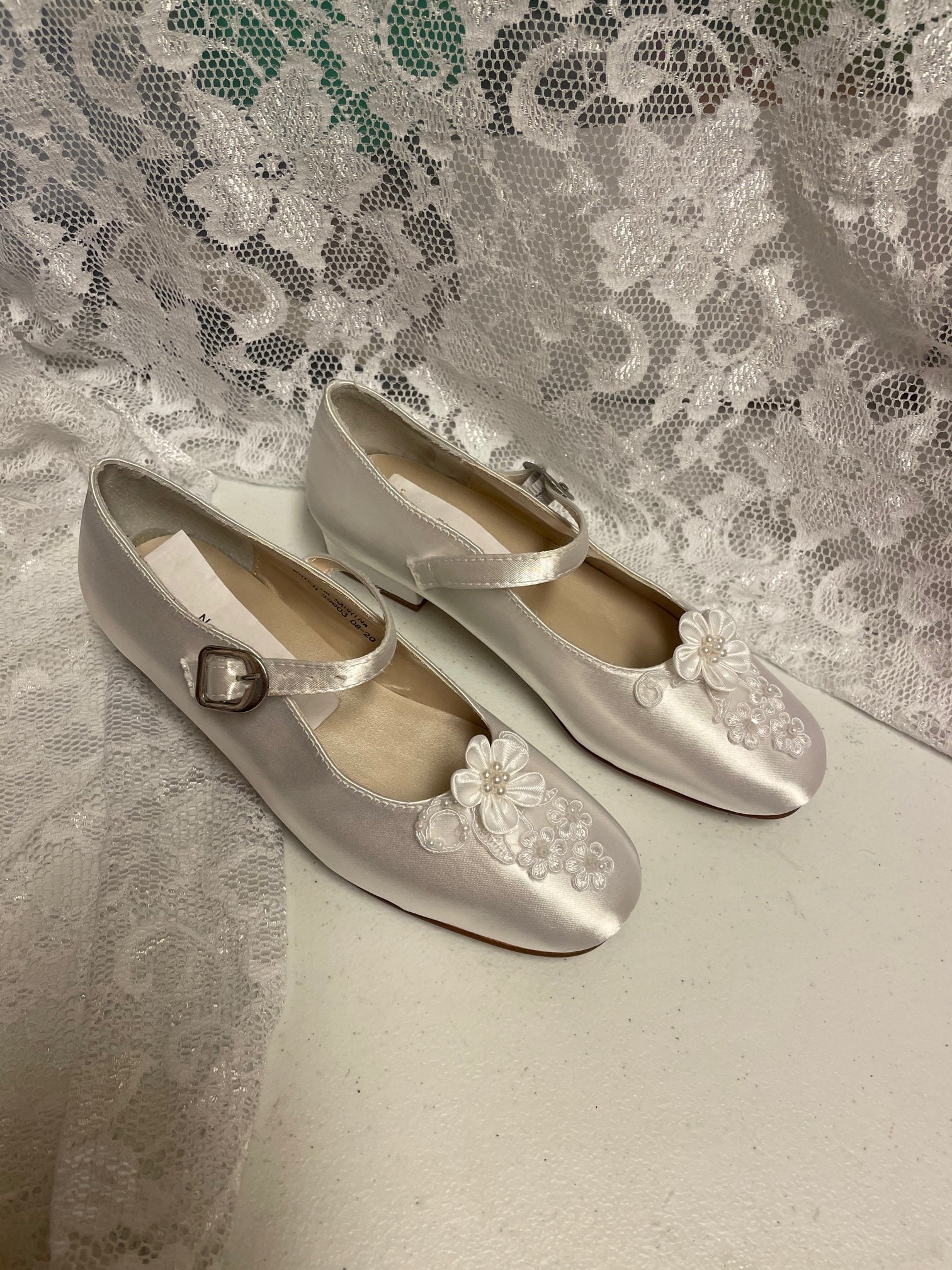 Girls Communion Shoes Lace Appliqu With Pearls Flower Girls