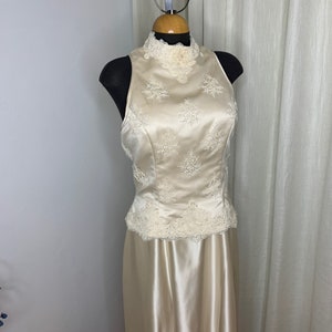 Size 12 Champagne Wedding Bridal gown, Vintage High Neck lace top w/ Satin Skirt, Romantic, Victorian, Mother of the Bride, Anniversary Gown