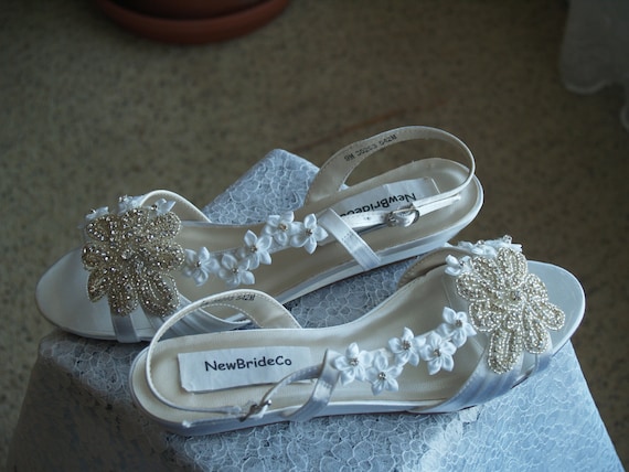 Shoes low Wedge 1 inch heel flowers crystals,Short Heel,White Satin Open Toe Bridal Sandal, Bling, White Flowers, Old Hollywood,Deco Shoes low Wedge 1 inch heel flowers crystals,Short Heel,White Satin Open Toe Bridal Sandal, Bling, White Flowers, Old Hollywood,Deco