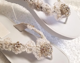 Bling bruiloft sandalen ivoor 100% veganistische teenslippers, kant en kristallen verfraaid teenslippers, resortkleding, strandbruiloft, buitenshuis, cruise