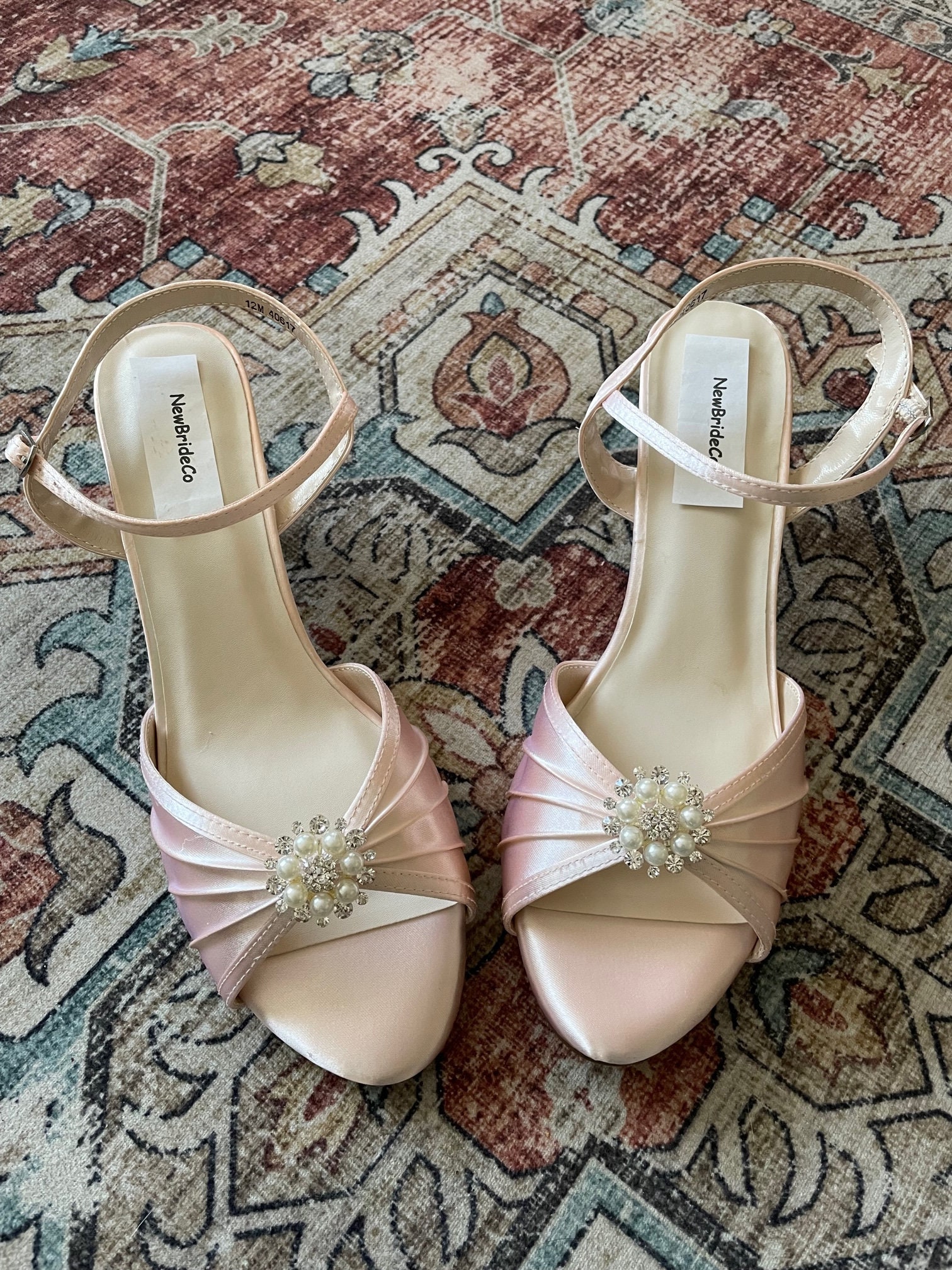 Blush Pink Low Heel Shoes 2'' M W and WW Width Adorned With