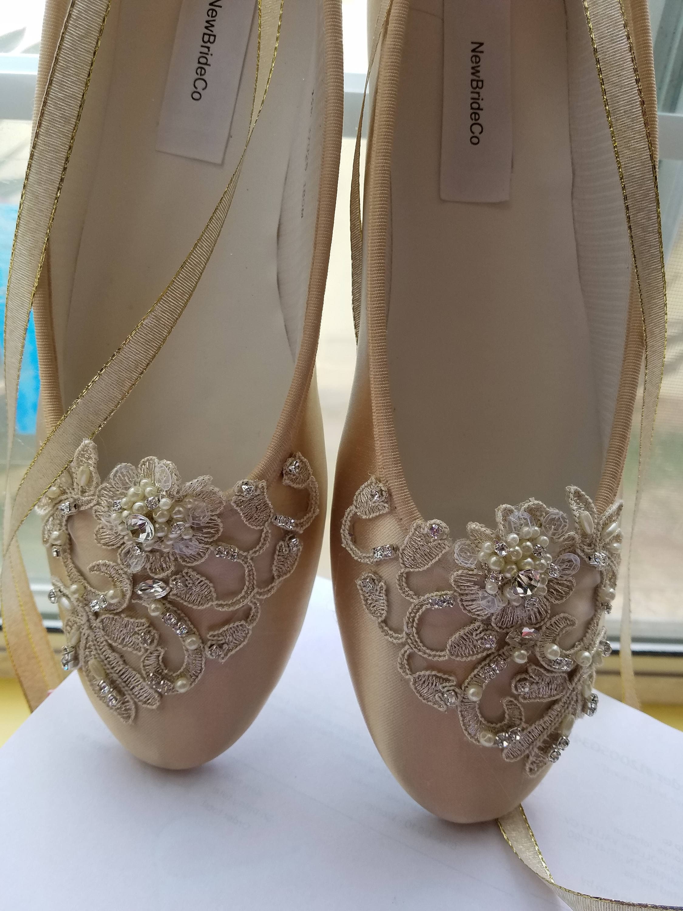 Gold Champagne Ballerina Style Shoes Satin Lace Appliqué Etsy Canada