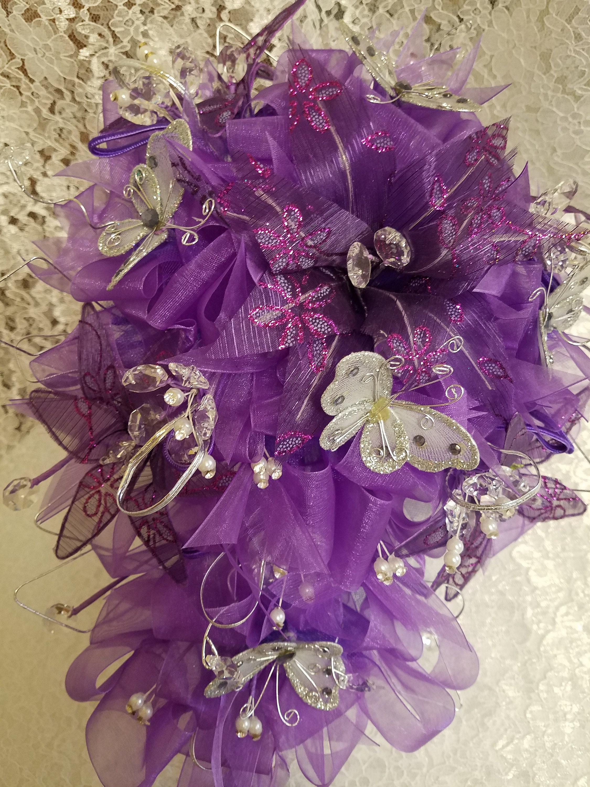 Purple Silver Bouquet Set Headpiece for Bride or Quinceanera With  Butterflies and Crystals 