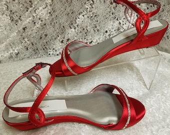 Rote Schuhe Keil 1 Zoll Ferse, Viele Farben Keil Schuhe Kurzer Absatz, Weiß Satin Open Toe Braut Sandale, Bling, Old Hollywood, Deco