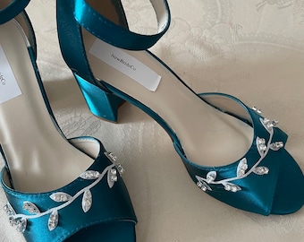 Low Heel Shoes Teal Block Heels Teal Satin Wedding Shoes: Block