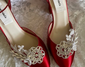 RED  Wedding Shoes with vintage lace asares & Crystals, White Satin shoes Modern Retro, Red Shoes Great Gatsby style,Old Hollywood shoes