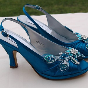 Teal Wedding Shoes PEACOCK Satin Heels - hand embellished  organza flowers & beads, Slingback, Open Peep Toe, Accessory