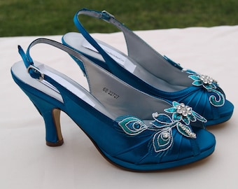 Teal Wedding Shoes PEACOCK Satin Heels - hand embellished  organza flowers & beads, Slingback, Open Peep Toe, Accessory