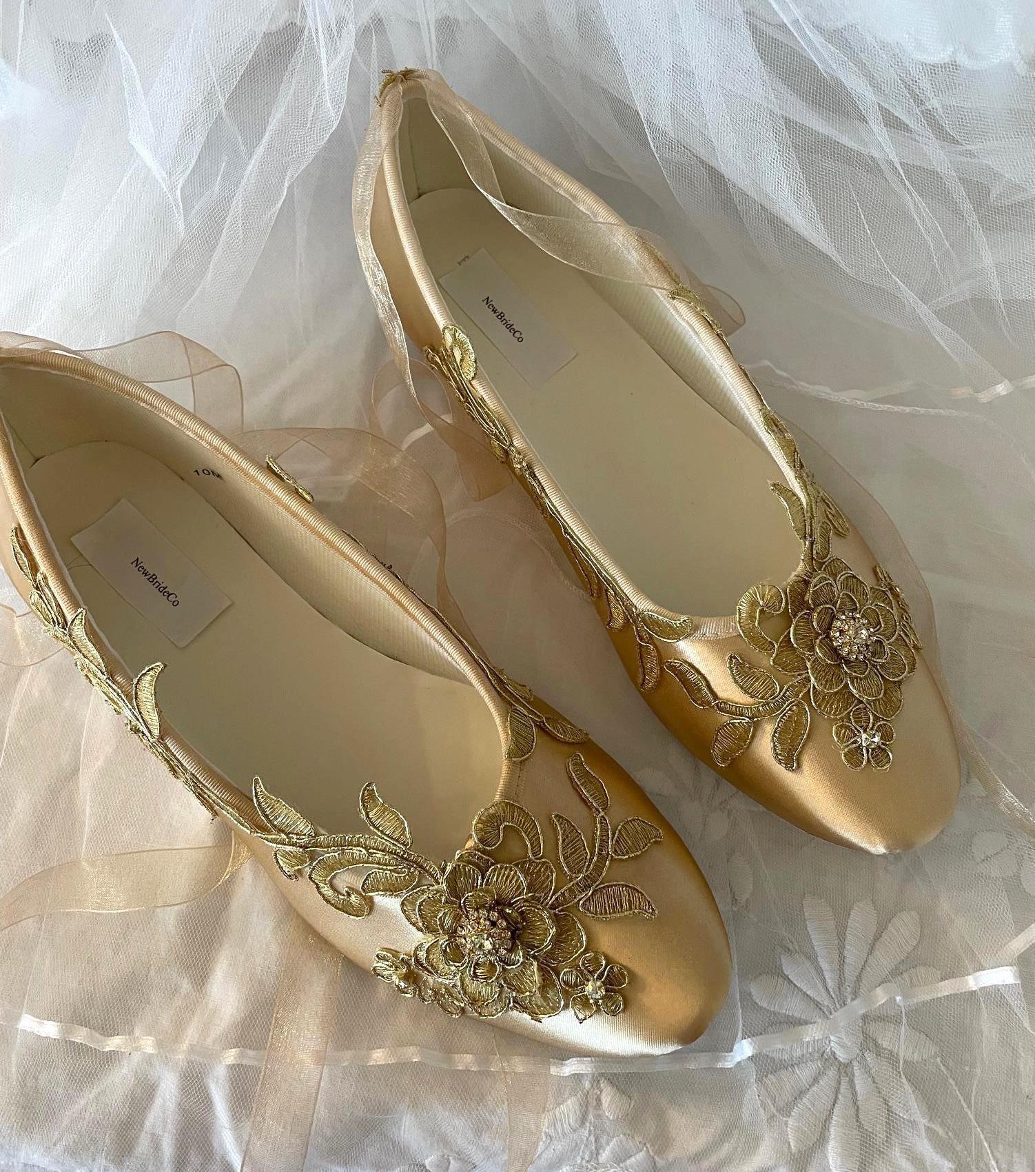 Champagne Wedding Flats: Gold Applique Lace-Up Bridal Shoes Regular M and W wide width, Gold Flower Bling, Lace Up Ribbon, Anniversary, Prom