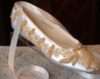 CHAMPAGNE Wedding Flat Shoes Ivory embellished,Victorian ballet style BEADED shoes, ballet lace up ribbon slippers, Barroque style flat shoe