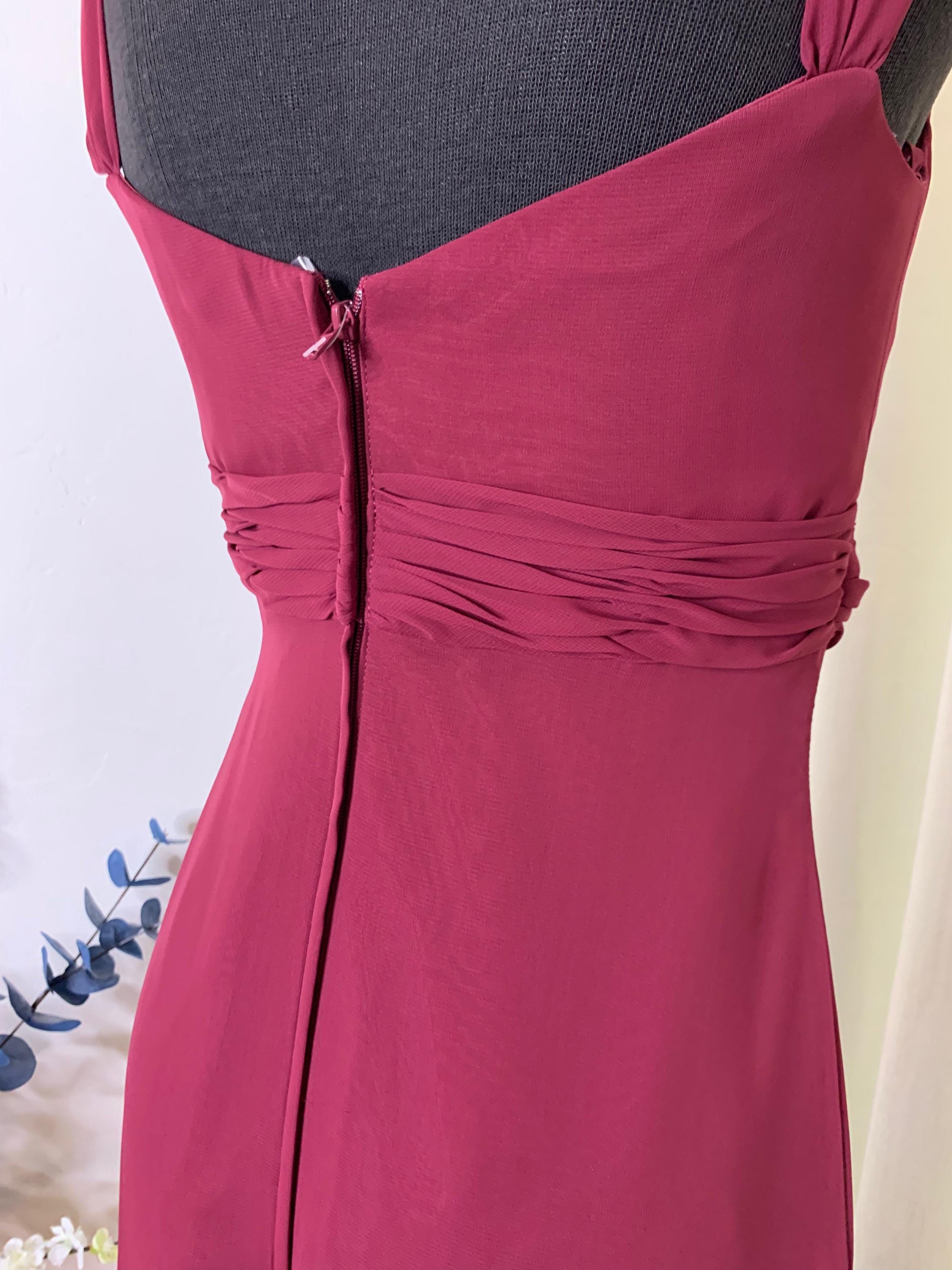 merlot chiffon dress Chiffon A-Line Long Bridesmaid Dress with Flutter Sleeves in Merlot, Merlot / 2