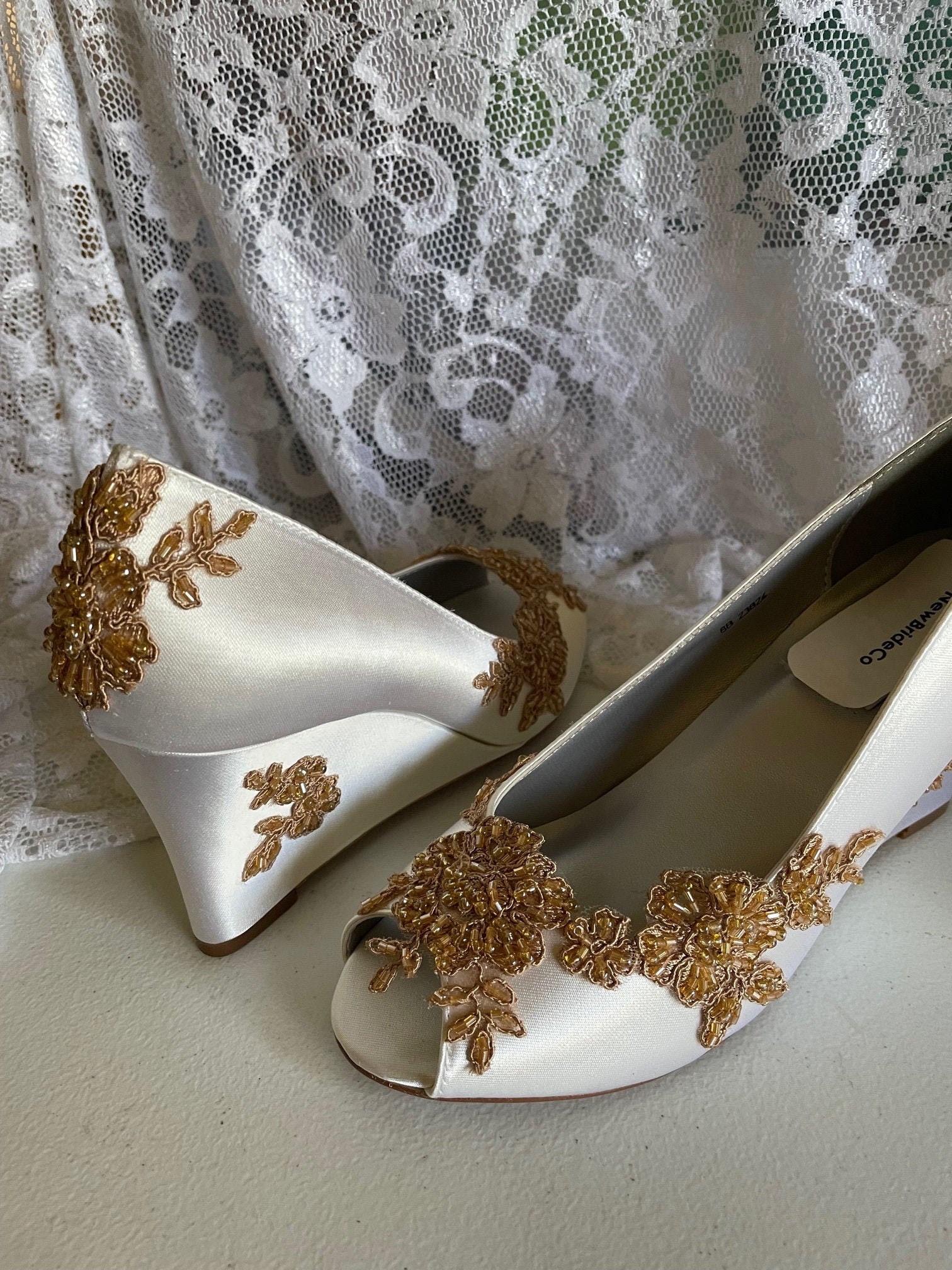Ivory Taupe Wedge Shoes Beaded Applique 