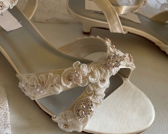 Ivory kitten heel Shoe Rose gold Bling on pearls beaded lace Lace 1 1/4" heel,White Satin Sandal Ankle Strap low heel Rhinestone Crystals,