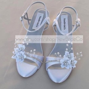 Wedding Shoes low Wedge 1 inch heel flowers crystals,Short Heel,White Satin Open Toe Bridal Sandal,LOW heel Bling shoes with White Flowers,