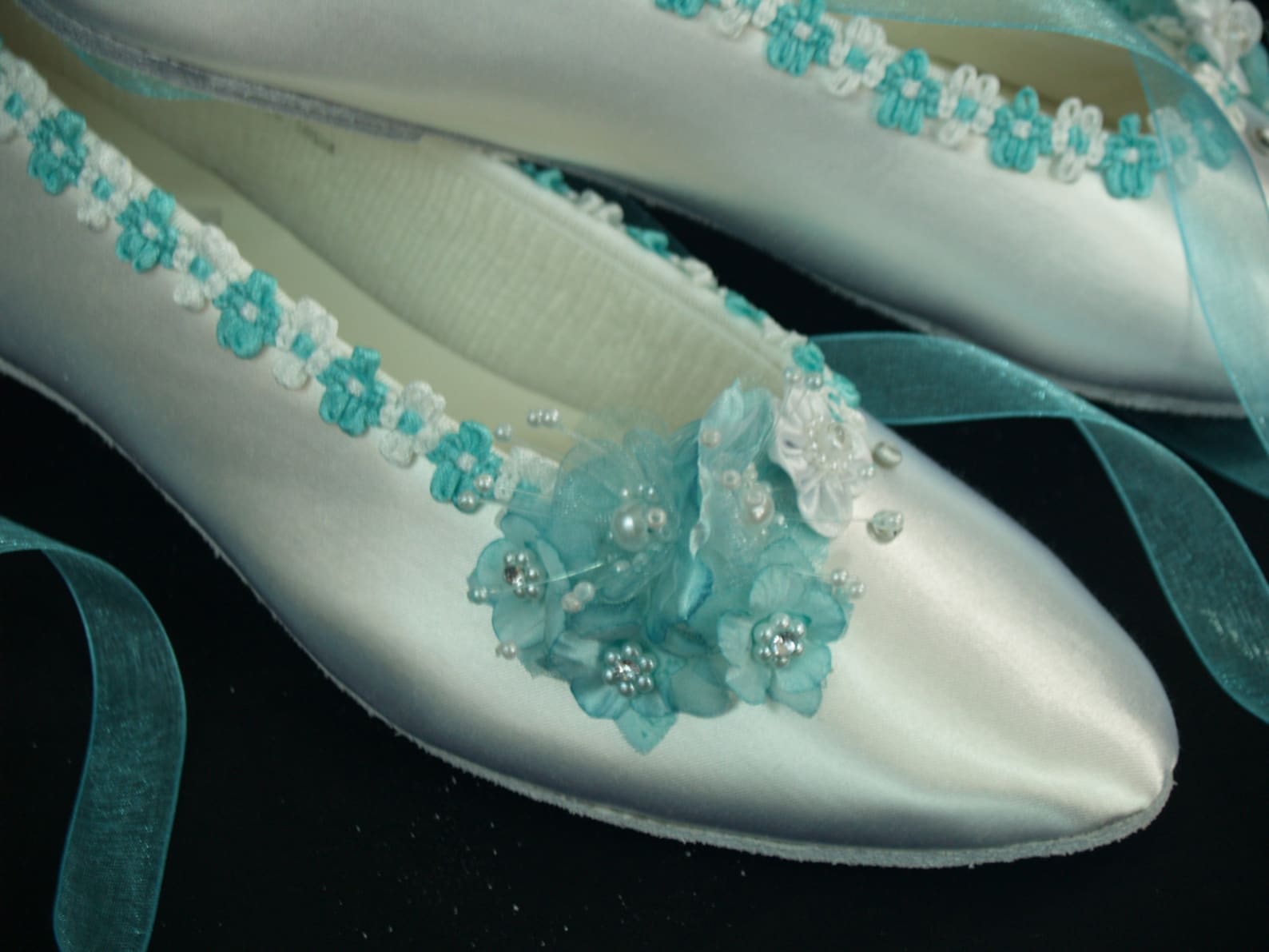 flat shoes aqua blue trims on ballet style slipper - aqua blue flat shoes, white satin flats, ribbon lace up flats, something bl
