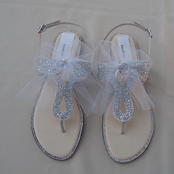 Brides Honeymoon Sandals Silver with wedding rings and tulle veil,Destination Wedding sandals, Bridal Shower Gift,Wedding Silver Sandals