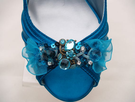 Buy Peacock Wedding Shoes 1 3/4'' Heel Lace Beads and Crystals,open Toe Teal  Shoes Short Heel,teal Blue Satin Short Heels, Online in India - Etsy