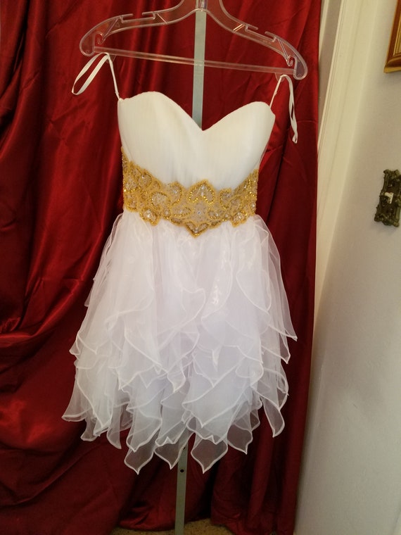 White short dress with gold waist accents, sweetheart cut short white dress, wedding dress short, destination wedding short white dress,