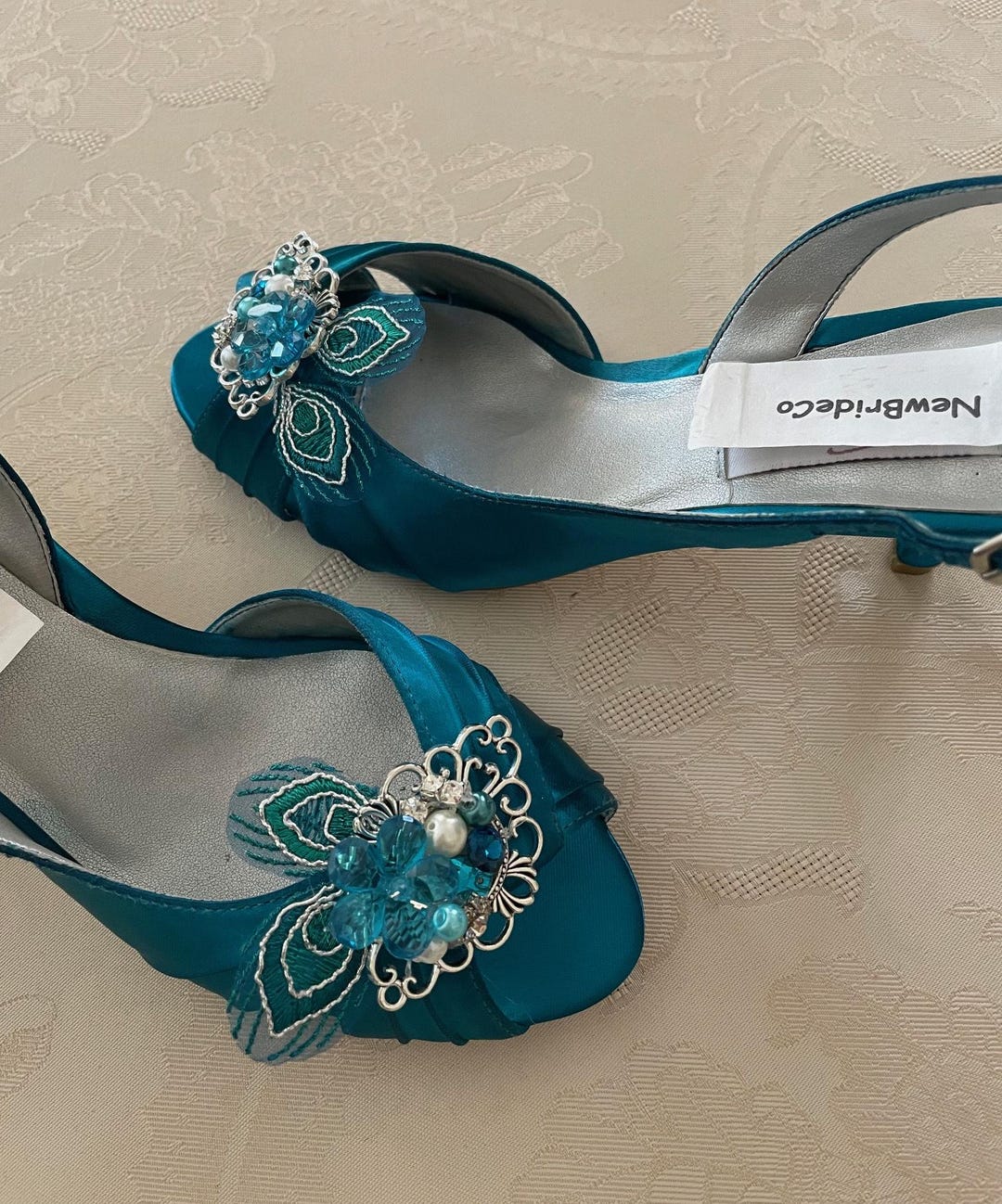 Buy Teal Slingback Heels: Handmade Beaded Low Heel Shoes (2 1/4