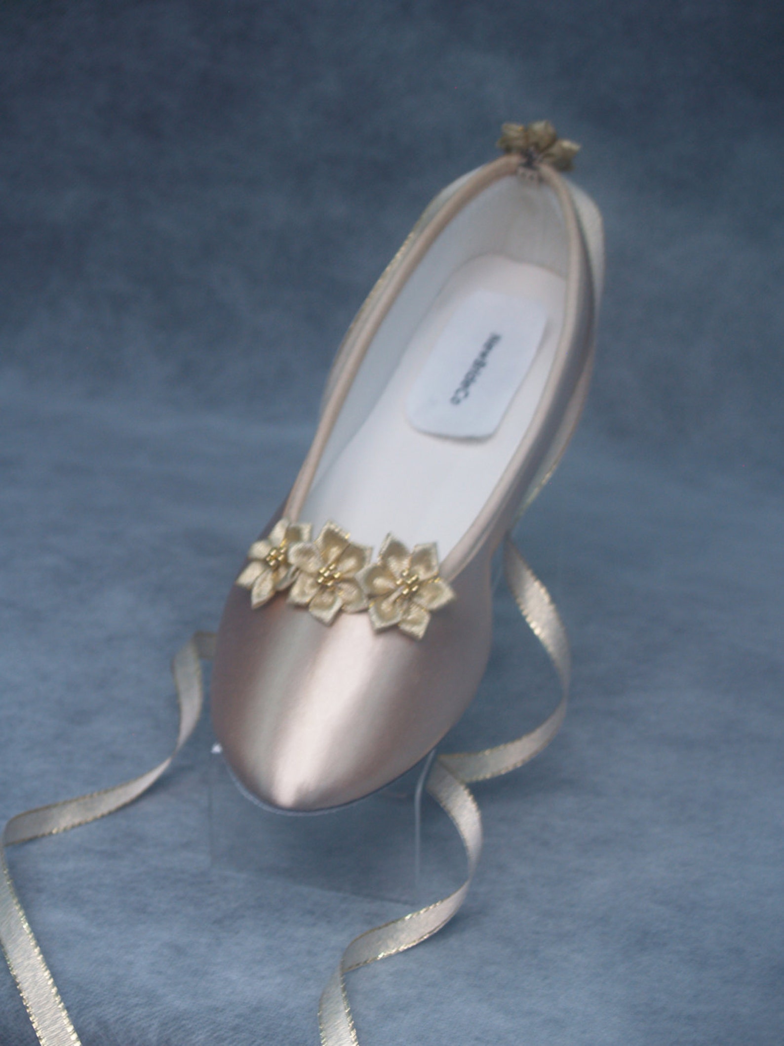 champagne wedding flats w 3 gold flowers,gold flowers, lace up ballet style slipper, 50th anniversary mob, comfort and beauty, g