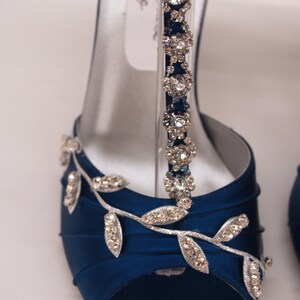 Blue Wedding Shoes Royal Blue with Silver Swarovski Crystals, peep toe, covered heel ankle strap, hand dyed satin, bling , satin heels image 2