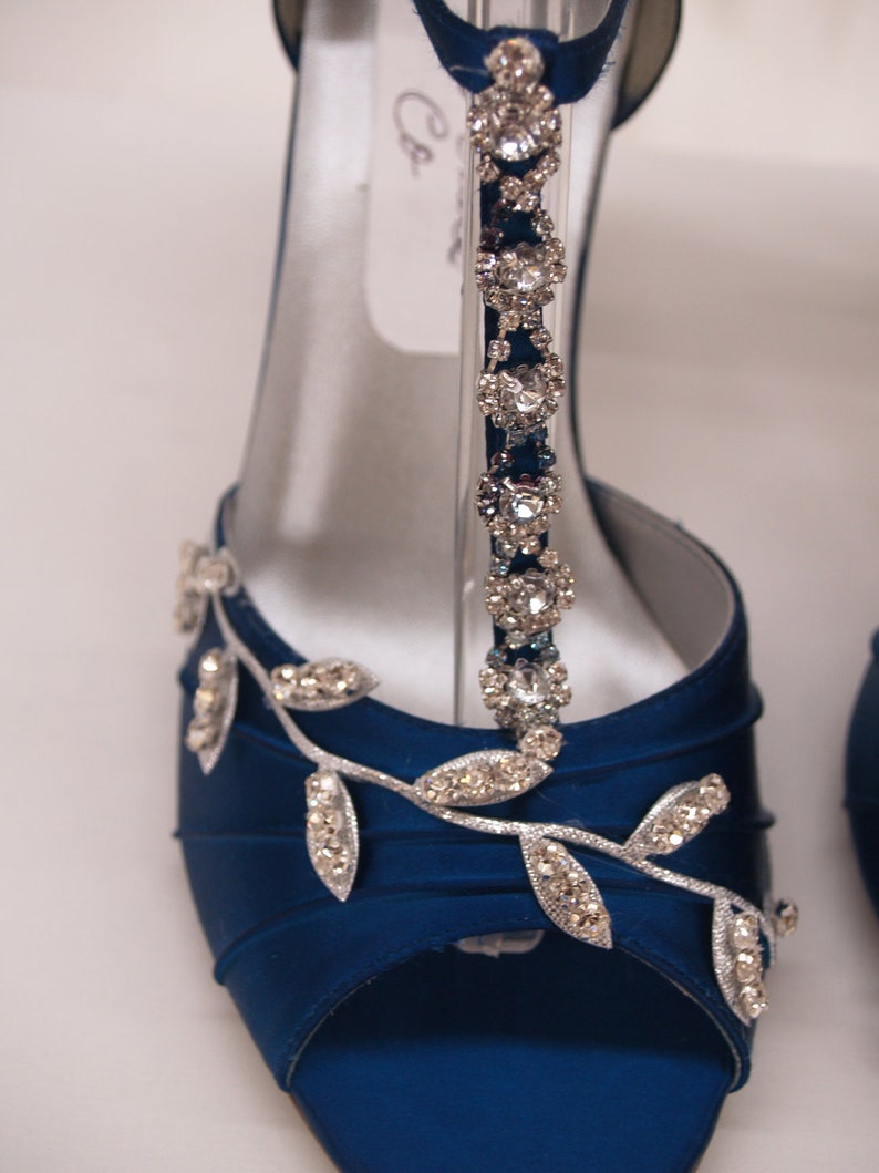 Blue Wedding Shoes Royal Blue with Silver Swarovski Crystals, peep toe, covered heel ankle strap, hand dyed satin, bling , satin heels image 2