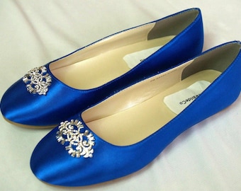 Wedding Flat Royal Blue Shoes with Brooch, Royal Blue plus 200 colors,Something Blue ballet style slippers,embellished satin,Carrie,non slip