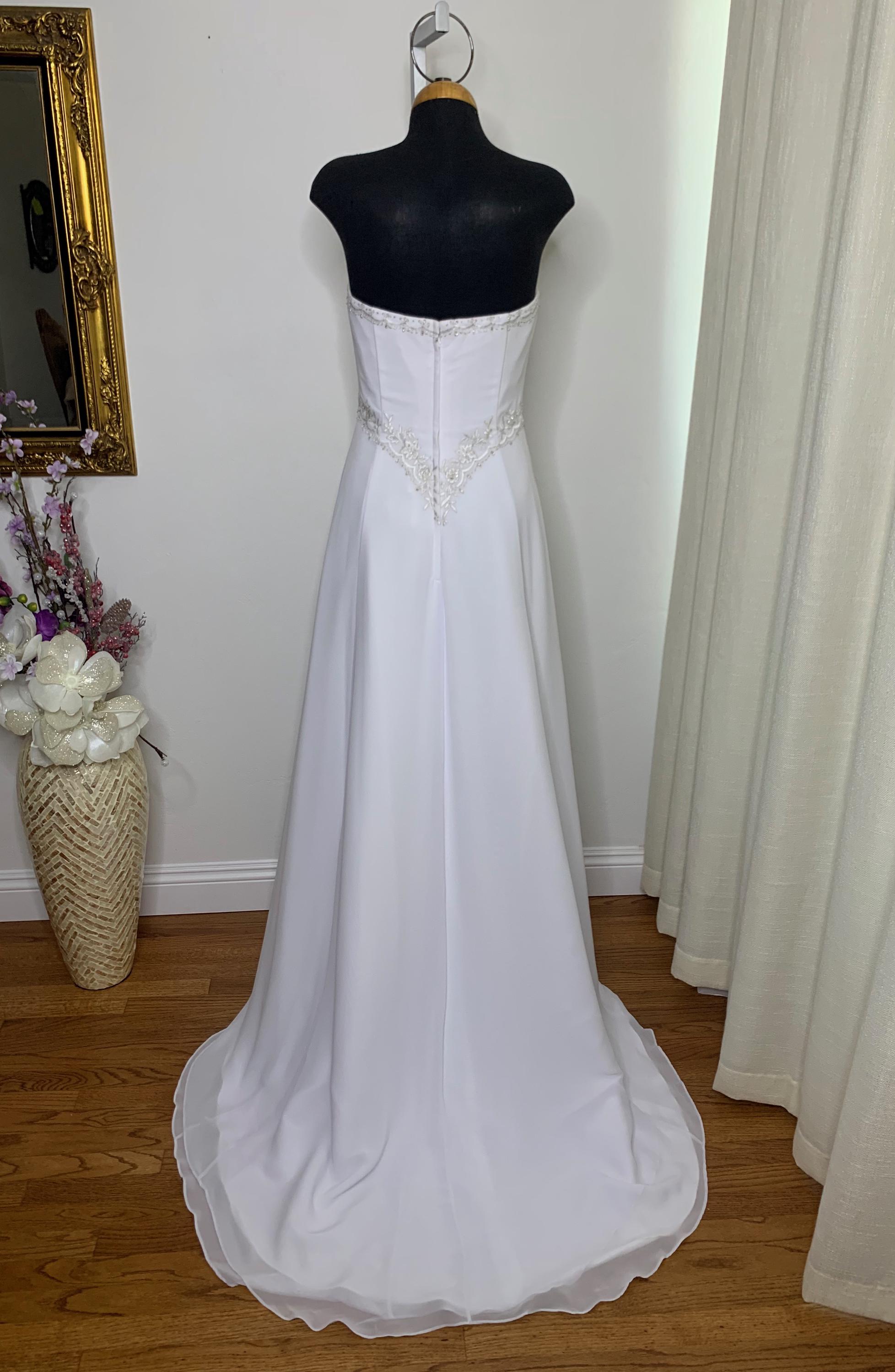 Vintage 2000s Chiffon Wedding Gown: Silver Floral Embroidery, Strapless A-Line, Size 6 Vintage 2000s Chiffon Wedding Gown: Silver Floral Embroidery, Strapless A-Line, Size 6