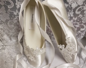 Bride Off White Wedding Flats,Off-white Satin Shoes,Lace Applique with Pearls,Lace Up Ribbon Ballet Style Slipper, Comfortable Wedding Shoes