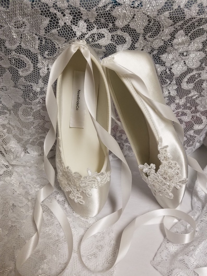 Bride Off White Wedding Flats,Off-white Satin Shoes,Lace Applique with Pearls,Lace Up Ribbon Ballet Style Slipper, Comfortable Wedding Shoes image 1