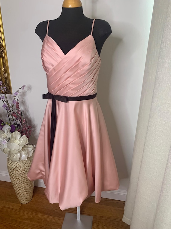 Vintage Primrose Pink Satin Bubble Skirt Dress: Pleated V-Neck, Size 10