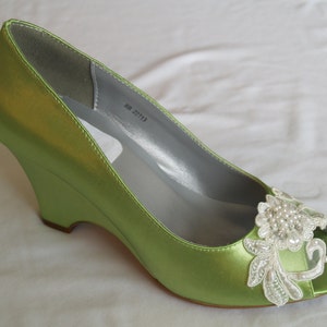 Wedge Shoes Apple Green w/ Lace Flower & Pearl Appliqué,Peep Toe Wedding Satin wedge Shoes,Prom green wedge shoes, Shoes Mother of the Bride