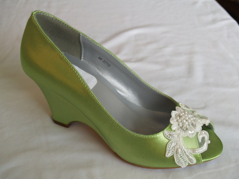 Wedge Shoes Apple Green w/ Lace Flower & Pearl Appliqué,Peep Toe Wedding Satin wedge Shoes,Prom green wedge shoes, Shoes Mother of the Bride image 1