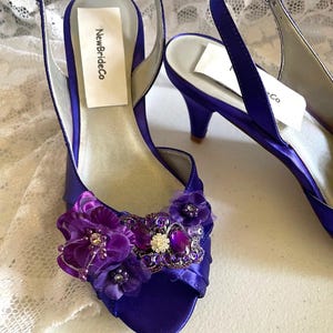 PURPLE Low heel sling back shoes flowers bling, Bride Purple low heels shoes, comfortable purple low heel shoes with flowers and bling