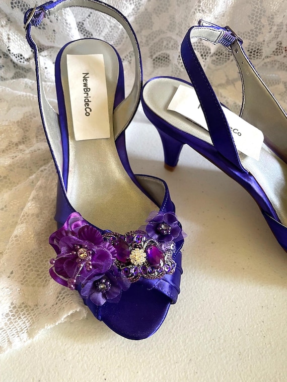 low heel purple dress shoes women Purple Low Heel Slingbacks: Floral Bling Bride Shoes