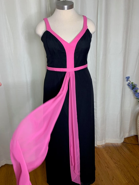 Vintage Robert Bullock Formal Dress, Size 18: Black Chiffon with Fuchsia Pink Accents