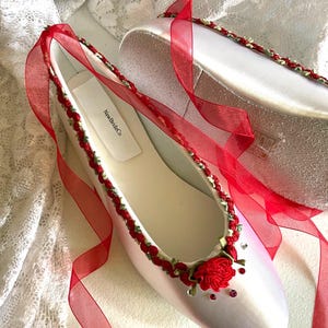 Wedding Red Flowers Flats Ivory or White ballet style slipper style lace up ribbon style, romantic, Valentine&#39;s Day, touch of red