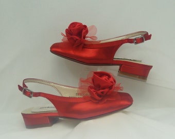 Girls Size 9 Red Satin Shoes for flower girls, girls closed toe slingback low heels red satin, Performance & Pageant shoes, Ready to Ship