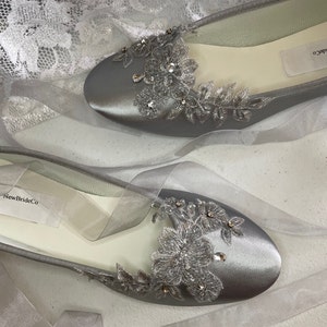 Silver Flats Ballerina style Satin shoes beaded Lace Appliqué Crystals, Lace Up Ribbon Ballet Style Slipper, Comfortable Wedding Shoes