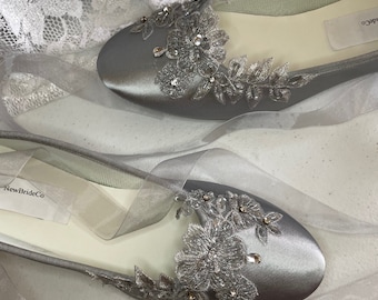 Silver Flats Ballerina style Satin shoes beaded Lace Appliqué Crystals, Lace Up Ribbon Ballet Style Slipper, Comfortable Wedding Shoes